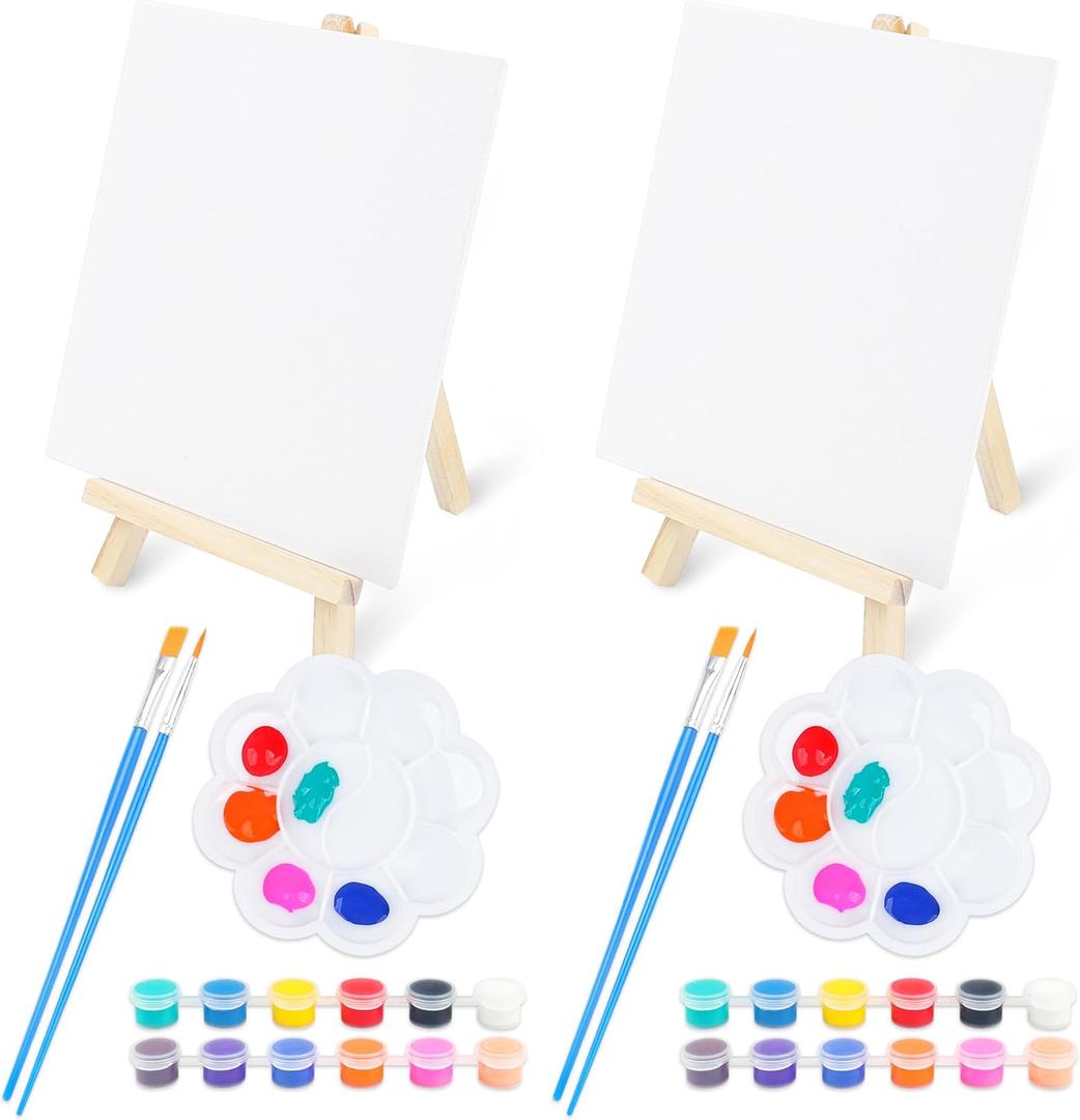 Acrylic Paint Canvas Set, 36 PCS Professional Painting Kit with 2 Wooden Easel, 4 Canvas, 2 Palette, 2 * 12 Colors Acrylic Paint Etc, Premium for Students, Artists, Beginners