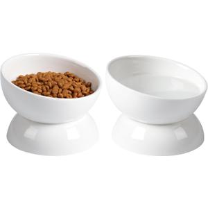 Cat Water Bowl, 16 OZ Ceramic Elevated Cat Bowls, 15 Tilted and Raised Pet Food Dish, Anti Vomiting Protect Pets' Spines and Whisker Fatigue (2 Pack, White)
