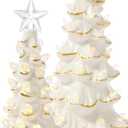 WDS WONDROUS Ceramic Christmas Tree Tabletop - White and Gold Accents 2PCS Table Top Christmas Trees with Lights Prelit - Small Xmas Tree Figurines Home Mantel Desk Centerpieces