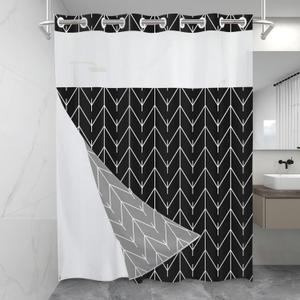 LXBNI No Hook Ombre Grey Striped Stall Shower Curtain with Snap in Fabric Liner Set - Hotel Shower Curtain and Liner Set with See Through Mesh Top Window,Machine Washable, 54x80 INCH