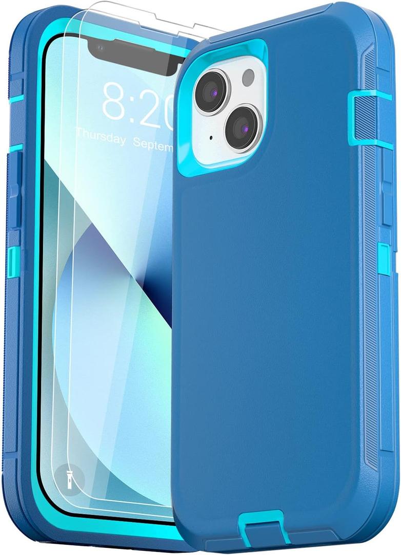for iPhone 13 Case (6.1"), with 2 Tempered Glass Screen Protector [Heavy Duty Military-Grade Full Body Drop Protection] Shockproof Tough Durable 6.1 InchBlue