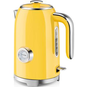 SUSTEAS Electric Kettle - 57oz Hot Tea Kettle Water Boiler with Thermometer, 1500W Fast Heating Stainless Steel Tea Pot, Cordless with LED Indicator, Auto Shut-Off & Boil Dry Protection, Retro Yellow