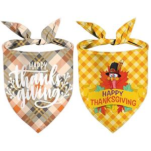 Thanksgiving Dog Bandanas, Fall Plaid and Turkey Reversible Triangle Bibs Scarfs Autumn Holiday Puppy Pet Kerchief 2 Pack (Thanksgiving-02)