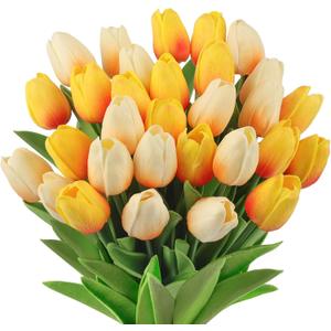 MACTING 30 PCS Artificial Tulip Flowers 13.7" Real Touch Fake PU Tulips Bouquet Faux Flowers for Floral Arrangements Table Centerpiece Home Kitchen Indoor Outdoor Summer Decor (Mix Yellow)
