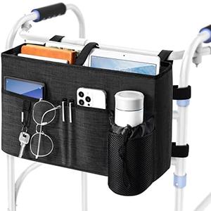 Rhino Valley Walker Bag, Multi Pockets Folding Walker Basket Tote Bag with Cup Holder, Hand-free Carry Pouch Storage Bag for Universal Walkers, Large Capacity Organizer for Seniors Elderly, Black