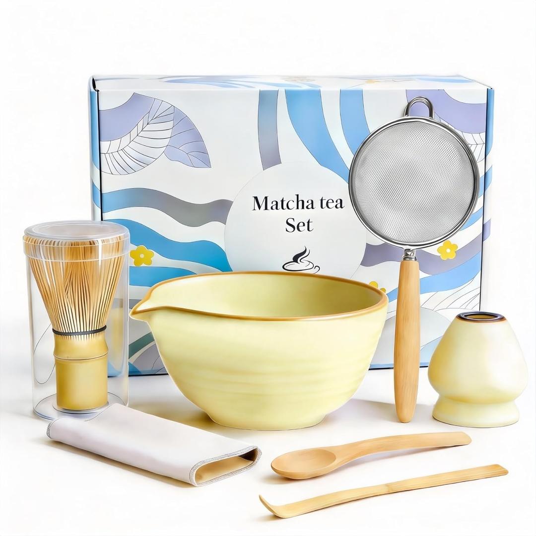 Matcha Whisk Set 7 Pcs, Japanese Matcha Kit with Ceramic Bowl, Bamboo Chasen Whisk, Scoop, Sifter & Holder | Complete Starter Set for Beginners | Mothers Day, Fathers Day, Housewarming Gift