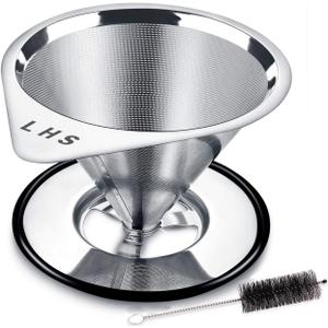 LHS Pour Over Coffee Dripper Stainless Steel Coffee Filter Metal Cone Filter Paperless Reusable Coffee Filter Single Cup Coffee Maker 1-4 Cup With Non-slip Cup Stand and Cleaning Brush