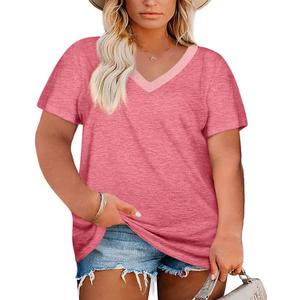 Womens Plus Size V Neck T Shirts Summer Short Sleeve Sexy Tops T-Shirts Tunic Casual Loose Fit Soft Basic Tees (3X-Large Plus, 01-pink)