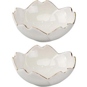 Cabilock Ceramic Dipping Bowls 2Pcs Flower Shaped Mini Sauce Bowls for Soy Sauce Ketchup Bbq Condiment 2.75 Inch White with Gold Edge