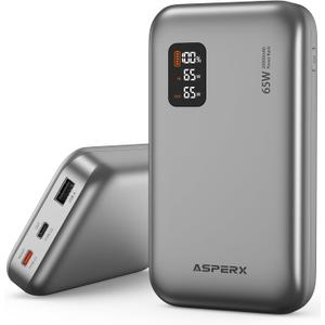 AsperX Power Bank, 20,000mAh 65W USB-C Laptop Portable Charger, Digital Display, PD 3.0 Fast Charging Battery Pack for Laptop MacBook, iPad, iPhone 16/15/14/13 Series, Galaxy S24,  Dell XPS, Steam Deck (Silver)