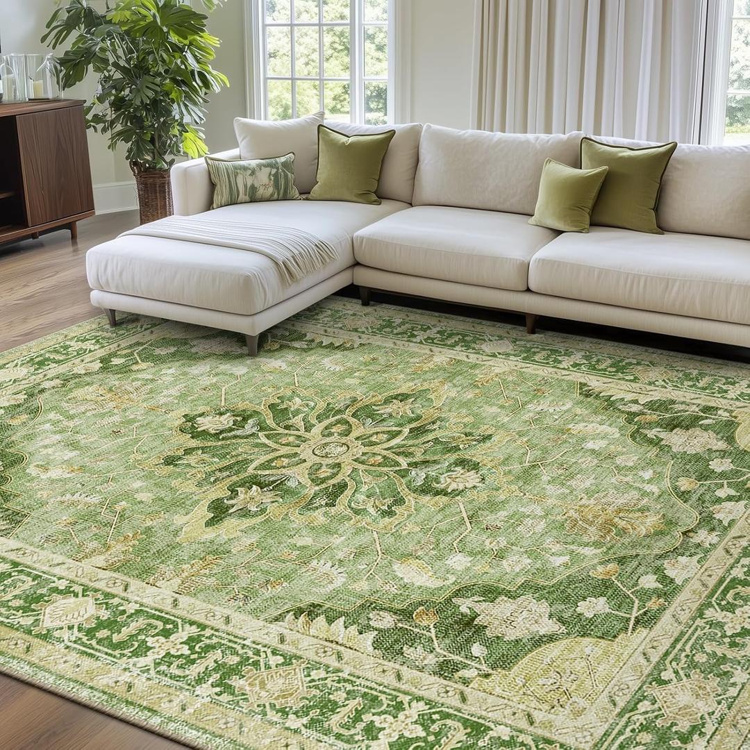 Area Rugs 9'x12' Washable Non-Slip, Floral Vintage Distress Print Pattern Medallion Carpet for Living Room Bedroom Dining Room, Sage Green Yellow