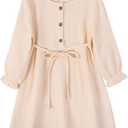 Toddler Baby Girl Cotton Linen Dress Long Sleeve Crew Neck Dresses Button Down Dresses Casual Spring Fall Dress (4-5T, Beige)