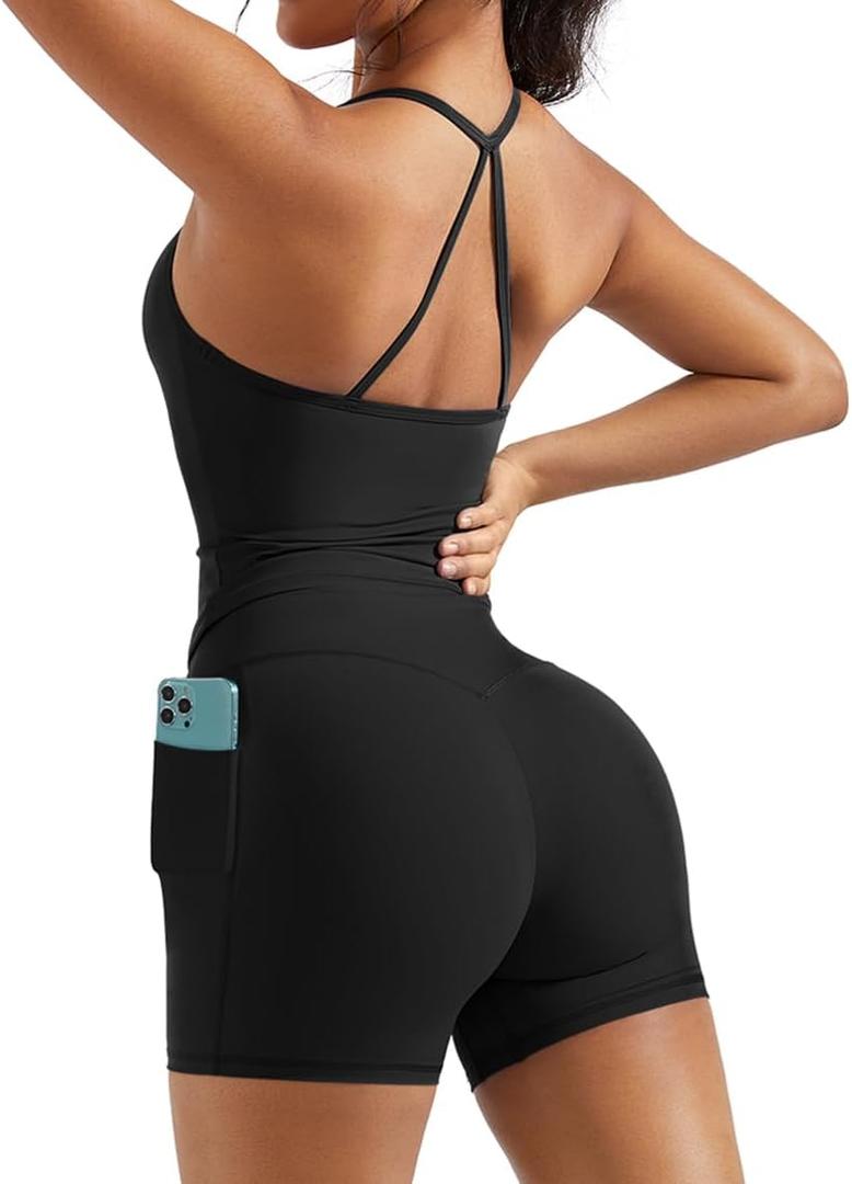 OMKAGI 2 Piece Workout Sets for Women Padded Sports Bra Tank Booty Gym Shorts with Pockets(XL, 284-Black)