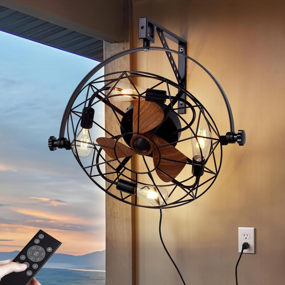 21" Fansconce, 360° Adjustable Tilt and Plug in Wall Mounted Fan, Garage Ceiling Fan with Lights and Remote, Reversible 6-Speed Timming Wall Fan for Residential, Greenhouse, Patio, Commercial etc