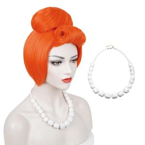 ATAYOU 3Pcs Women Orange Bun Wig with Big White Beads Necklace for Family Halloween Costume Accessories (Orange)