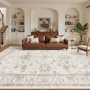 Madane 9x12 Area Rugs for Living Room, Machine Washable Rug with Non-Slip Backing, Soft Vintage Large Area Rug, Floral Print Floor Carpet for Bedroom Dining Room (9 x 12, Brown/Ivory)