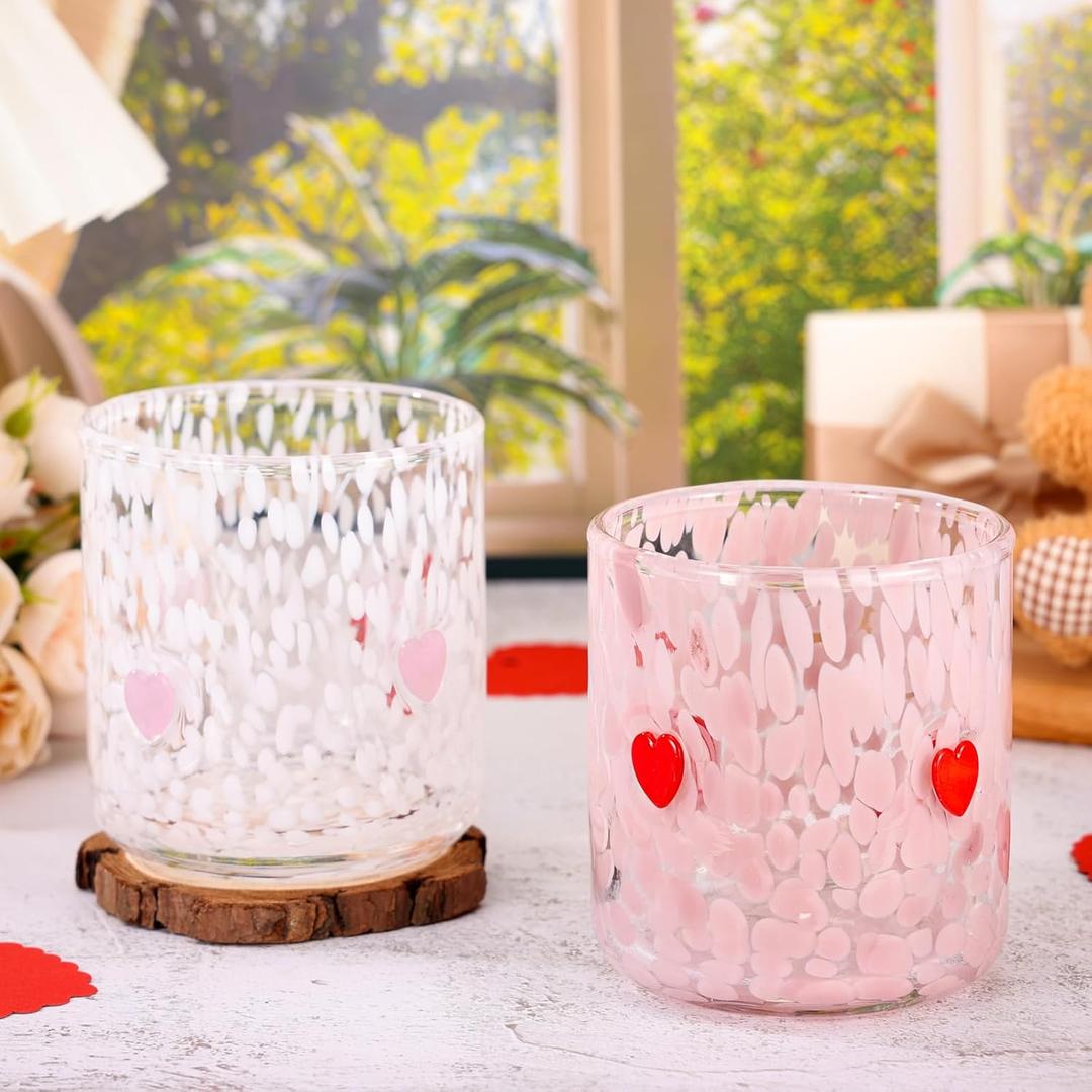 Booson 2 Pcs Heart Icon Juice Glasses Valentine's Day Stemless Glass Cups 14oz Pink Red Heart Juice Glasses Set for Engagement Weddings Anniversaries Romantic Gifts