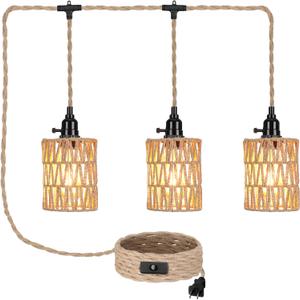 Retisee 3 Lights Hanging Light with Plug in Cord Pendant Lamp 22 ft Hemp Rope Boho Rattan Lamp On/off Switch Farmhouse Hanging Bohemian Decor for Bedroom Living Room Kitchen Hallway Foyer