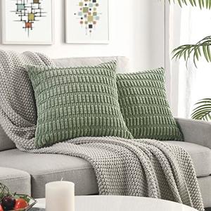Sage Green Decorative Throw Pillow Covers 18x18 Inch, Soft Corduroy Striped Square Cushion Cases, Modern Farmhouse Boho Home Decor for Spring Couch Bed Sofa Living Room, Pack of 2 