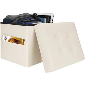 Bsketa Storage Ottoman Bench,15 Inch Folding Leather Foot Rest Stool, Beige