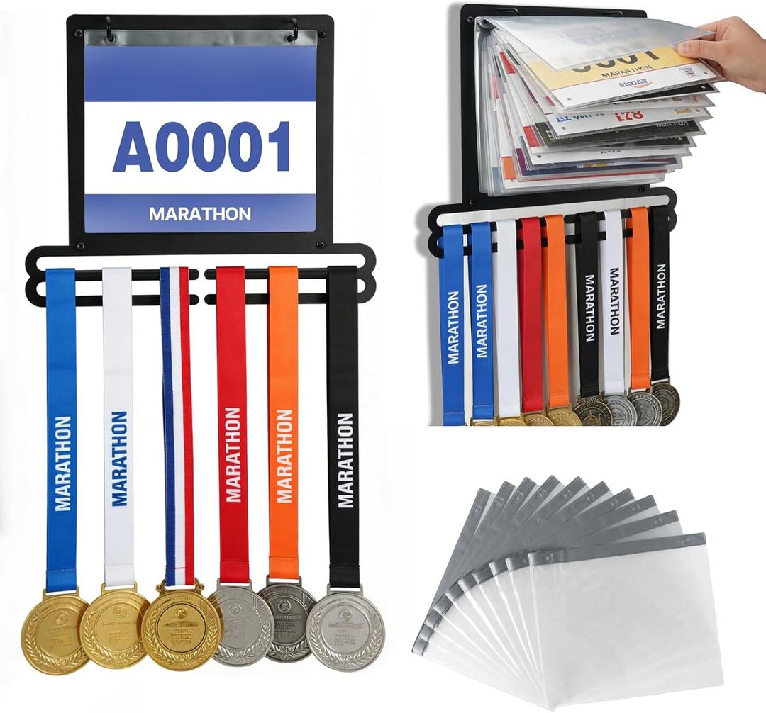 Race Medal and Bib Display Wall Mounted Rack, Heavy Duty Metal Hanger with 10 Clear Bib Holders, Holds 20 Bibs & 40 Medals, Gift for Runners Marathon Athletes