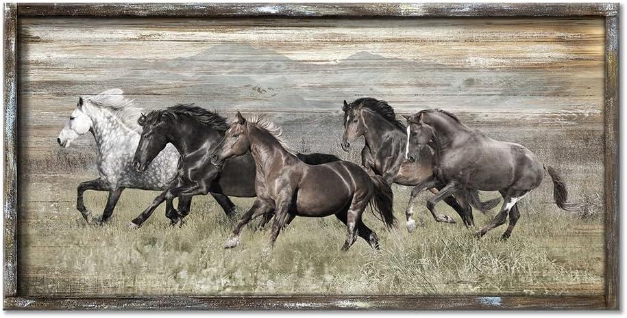 Horse Pictures Wall Art Framed Running Horses Handcrafts Rustic Sturdy Framed Artwork living roomTextured wall art(60"30")