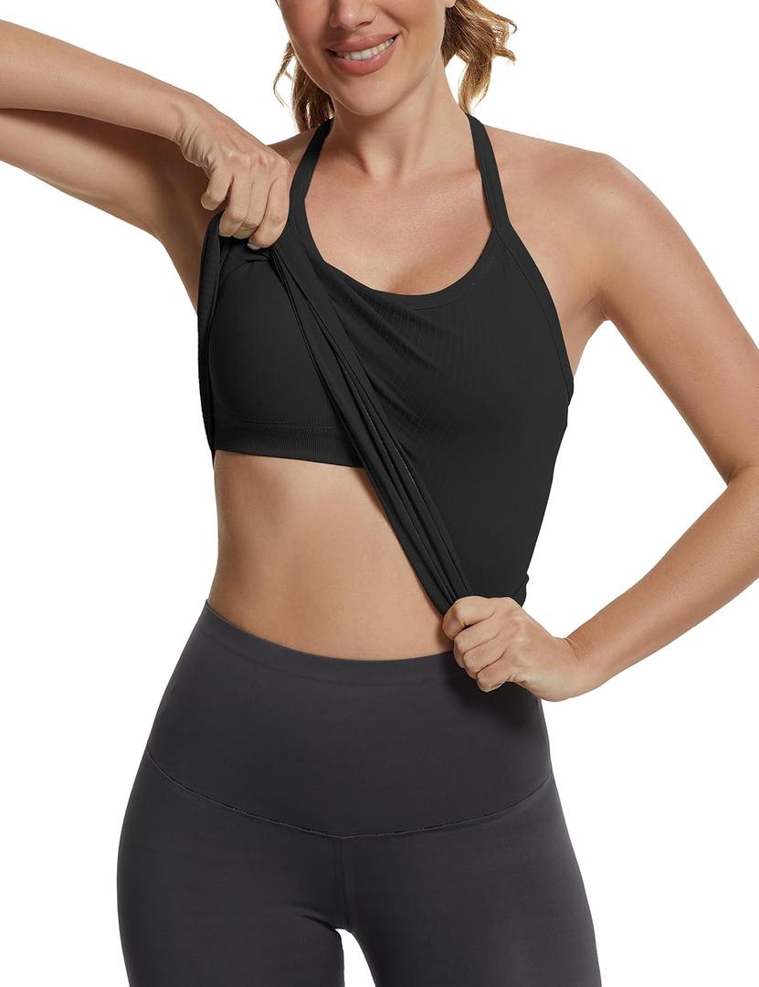 MathCat Seamless Workout Tank Tops with Built in BraRacerback Athletic Tank Tops Ribbed Soft Yoga Shirts (Small, Black)