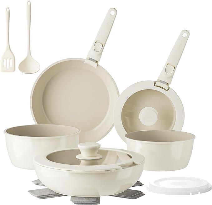 Redchef Pans and Pots Set Nonstick, Ceramic Cookware Set with Detachable Handles, Healthy,Non Toxic, Kitchen Cookware Sets12Pcs, Induction RV Kitchen Set, PFAS PFOA & PTFE Free, Beige White