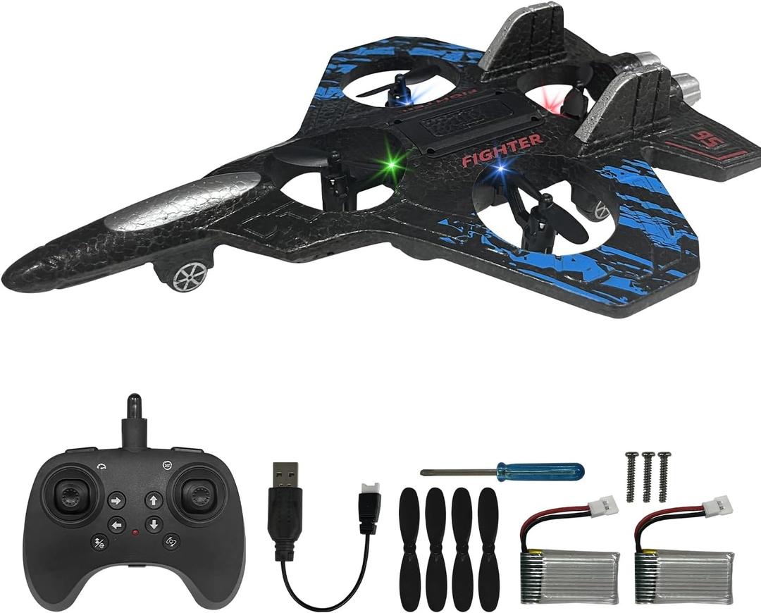 RC Airplane for Kids and Beginners, 2.4GHz Form Drone Remote Control Airplane with 2 Batteries, 360 Drop-Resistant Stunt Spin Remote Fighter Jet with Lights Outdoor Flying Toy (Blue)