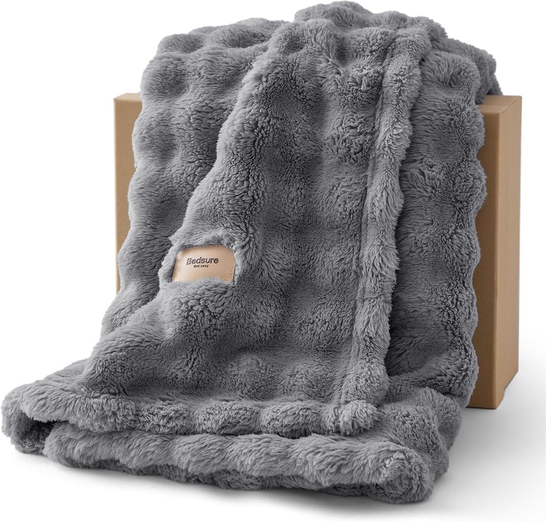 Bedsure 3D Fleece Bubble Blanket for Couch - GentleSoft Grey Twin Blanket for Sofa Bed Room Decor - Luxury Soft Cozy Gifts for Women, Lightweight, All Seasons, Grey, 60"80"
