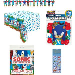 Sonic Birthday Party Supplies Bundle includes 1 Happy Birthday Banner 6.25ft Long, 1 Plastic Table Cover 54" x 84", 1 Dinosaur Sticker Sheet