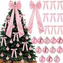 Gejoy Bow Christmas Tree Decoration Set, 30 Pcs Small Bows 1 Pcs 47" x 15.7" Large Tree Topper Satin Bows and 36 Christmas Balls Hanging Ornaments, Xmas Glitter Balls for Holiday Decor(Pink)