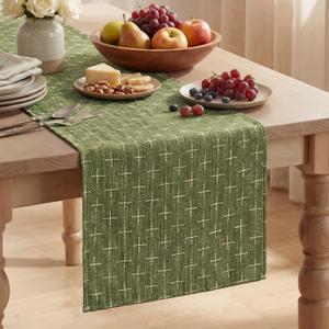 Artoid Mode Olive Green Cross-Star Textured Table Runner, Seasonal Waterproof Rustic Kitchen Dining Table Decoration for Home Party Decor 13x72 Inch
