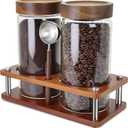 Glass Coffee Grounds Container with Shelf, 2  45 oz Glass Coffee Canisters with Airtight Thread Lid, Storage Jars with Stainless Steel Spoon for Coffee Bean, Sugar,Nut (Brown Bamboo)