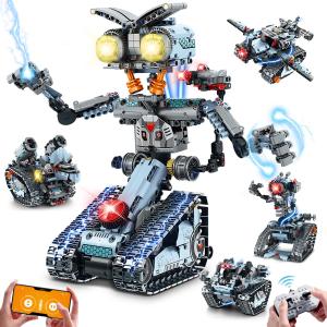 Robot Building Toy with Lights, 5 in 1 Robotic Building Set with APP & Remote Control, RC Tech Tracked Tank Car Fighter Jet Model Kit 795 PCS, Educational Gift for Kids Boys Girls Ages 14+