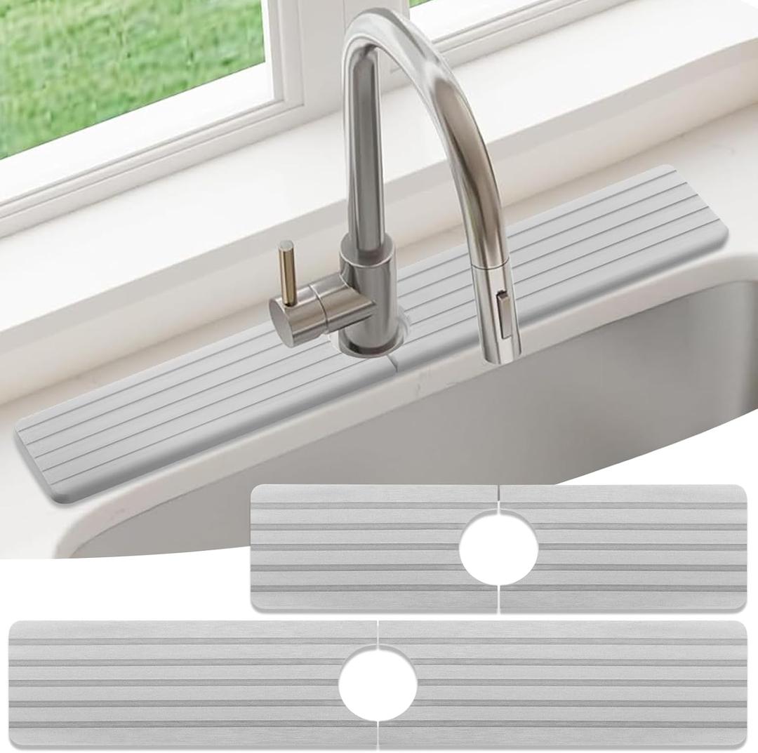 Faucet Mat For Kitchen Sink, 15.8" & 23.6" 2-Pack Diatomite Kitchen Sink Splash Guard, Faucet Guard & Draining Mat - A Real Solution to Keep Your Sink Dry All The Time (Light Gray)