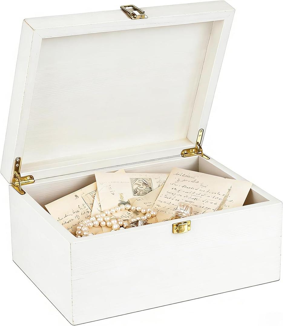 Larger Wooden Memory Wedding Keepsake Boxes With Hinged Lids - Decorative Storage Box With a Hinge Lids For Letter Time Capsule - Wooden Gift Boxes，5.3“*8.6”*11.7“ - White
