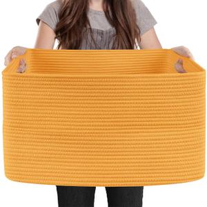 MEGASKET Extra Large Orange Storage Basket, 23.6" x 17" x 12" Rectangle Baskets for Organizing, Blanket Toy Bin Organizer, Colorful Woven Cotton Rope Baskets for Decor