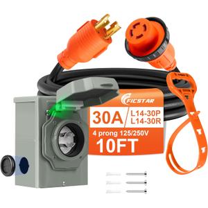 10 FT 4 Prong 30 Amp Generator Cord and Power Inlet Box, NEMA L14-30P to L14-30R Generator Cord Waterproof Combo Kit, 125/250V 7500W 10 AWG SJTW Generator to House Hookup Kit UL&ETL Listed