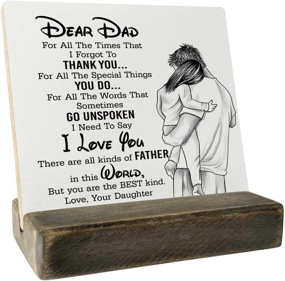 2 x Gifts for Dad from Daughter Wood Plaque Gift, Dear Dad I Love You,Plaque with Wooden Stand, Meaningful Wood Sign Plaque Gift for Dad (Dear Dad)