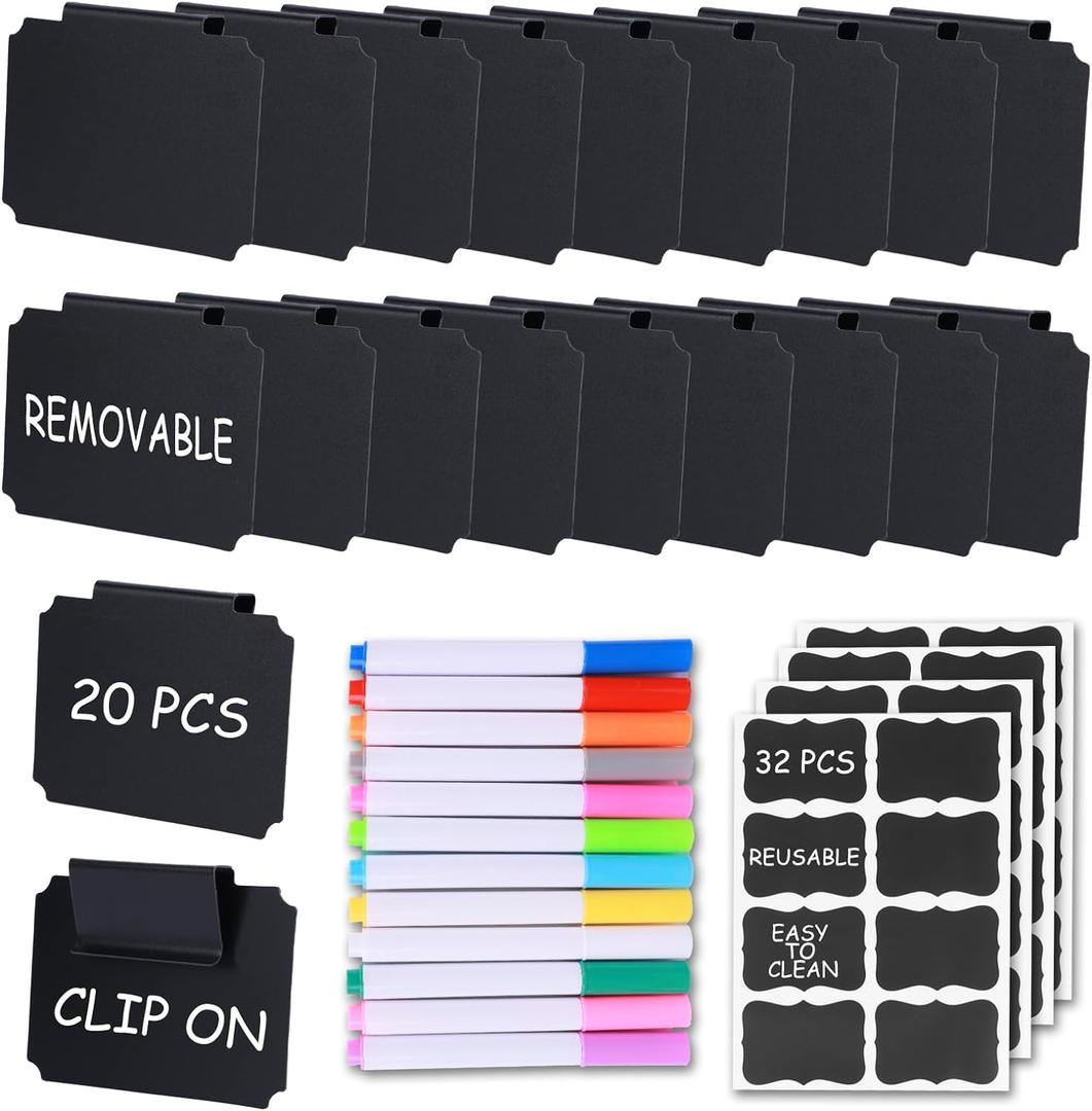 20 Pieces Basket Labels Clip On Set for Storage Bins Kitchen Pantry Basket Box Cube Laundry Organization, with 32 Pieces Removable Chalkboard Tag Stickers and 12 Pieces Chalk Marker