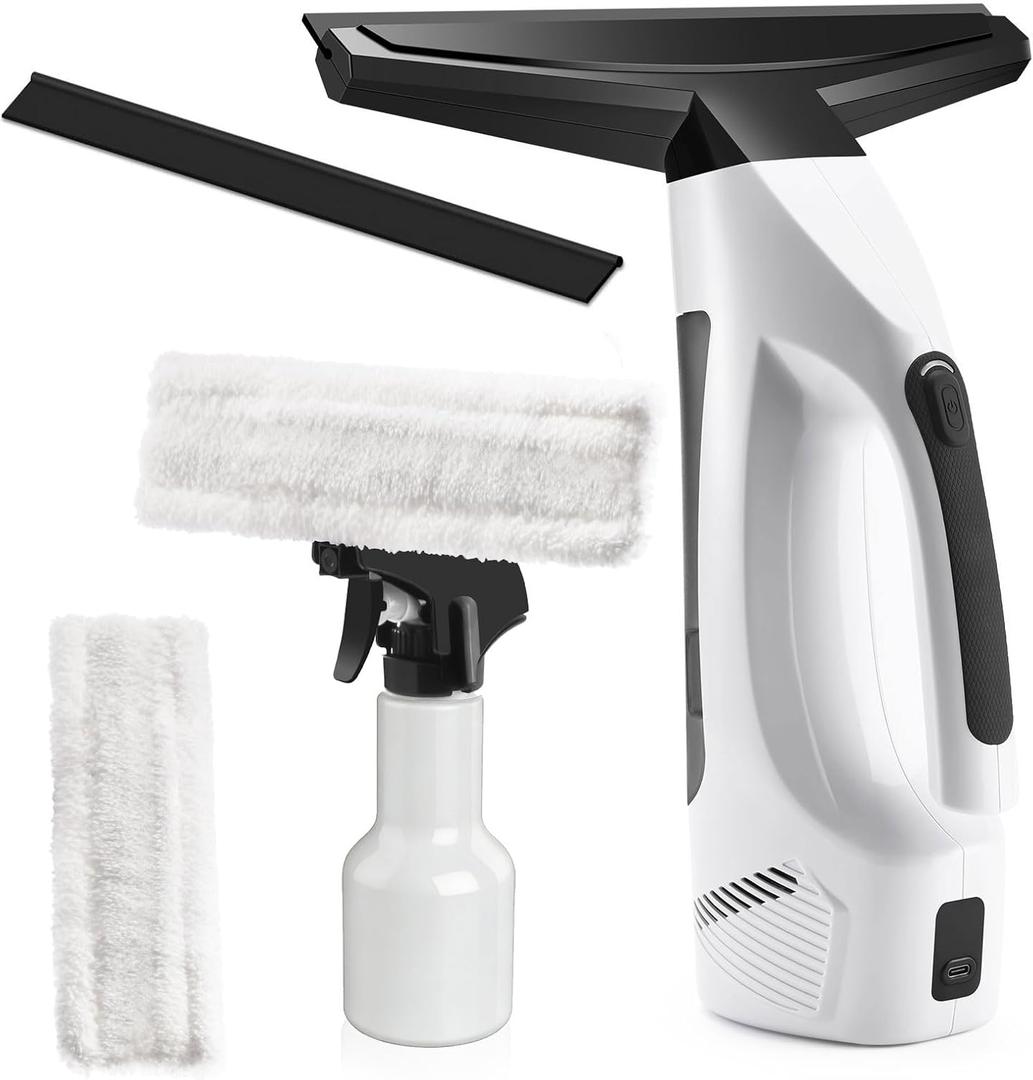 Window Vacuum Squeegee Cordless, Handheld Window Vac with Multi-Purpose Spray Bottle & Microfiber Cloth, Electric Cleaning Tool for Windows, Mirror, Countertop - White