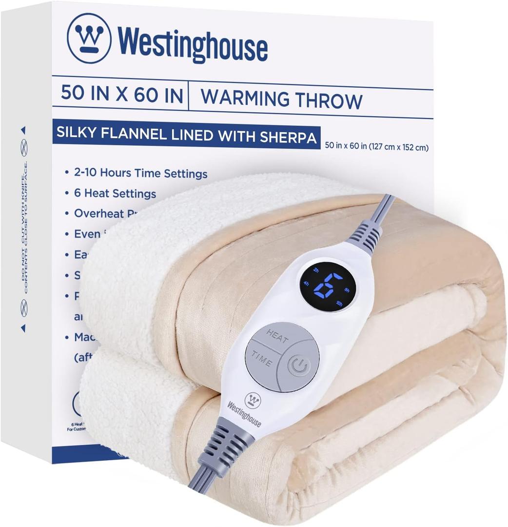 Westinghouse Heated Throw Blanket, Electric Blanket Throw with 6 Heating Levels and 2-10 Hours Time Settings, Flannel to Sherpa Super Cozy Heated Blanket Machine Washable, 50x60 inch, Beige Westinghouse Heated Throw Blanket, Electric Blanket Throw with 6 Heating Levels and 2-10 Hours Time Settings, Flannel to Sherpa Super Cozy Heated Blanket Machine Washable, 50x60 inch, Beige