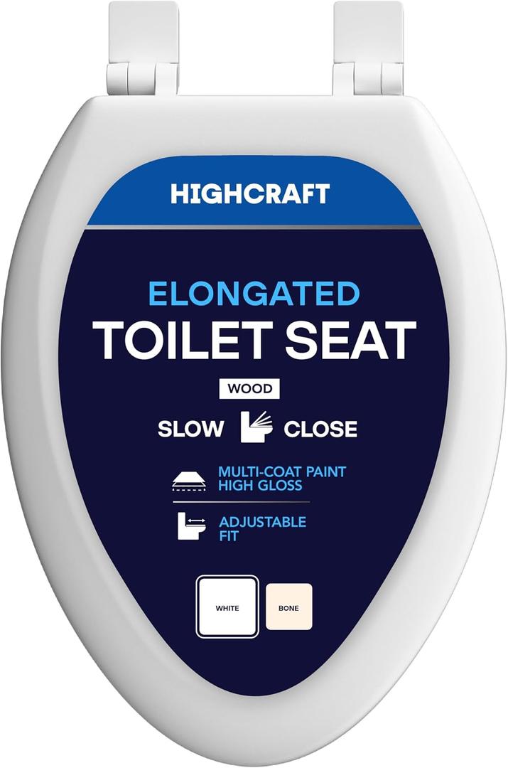 HIGHCRAFT Premium Elongated Toilet Seat with Slow-Close Design & Adjustable Hinges - Molded Wood Toilet Seat - Fits Standard Elongated Toilets - Oval Seat in White