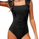 NECIOUS Girls Swimsuit Ruffle Adjustable Straps One Piece Bathing Suit Solid Color Ruched Girls' Swimwear, 11-12, Black