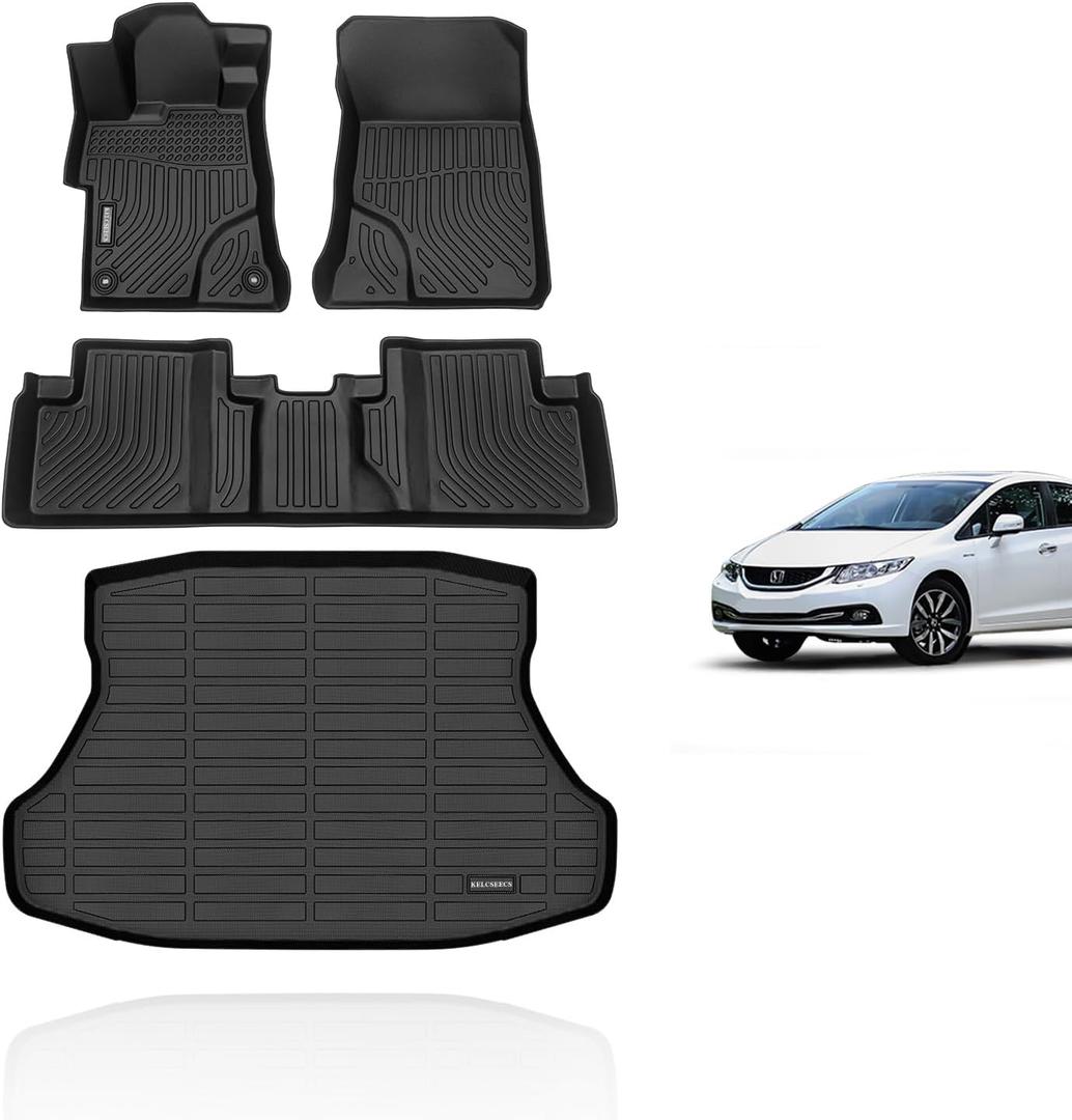 KELCSEECS Floor Mats Custom for Honda Civic & Civic Si 2012 2013 2014 2015 Only Sedan (Not Coupe) Car Mats All Weather Guard TPE Automotive Liners Front& Rear Row Accessories Black