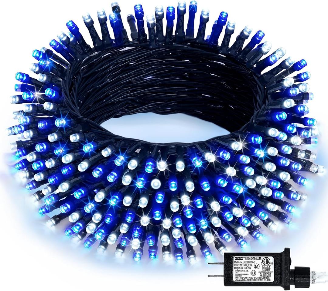JMEXSUSS 66ft 200 LED Blue and White Outdoor Christmas String Lights, Expandable for Tree, Party, Home Decorations