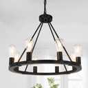 8 Lights 23.6" Black Wagon Wheel Chandelier Farmhouse, Metal Round Industrial Rustic Vintage Kitchen Island Pendant Light for Living Room Kitchen Dining Room Foyer Entryway
