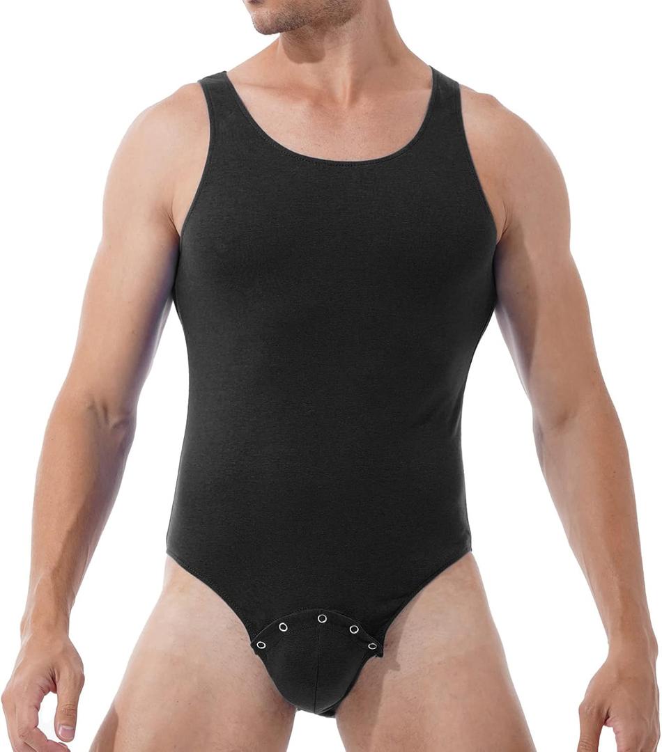 Men's One Piece Tank Top Thongs Underwear Wrestling Singlet Bodysuit with Press Button Crotch (Medium, Black)