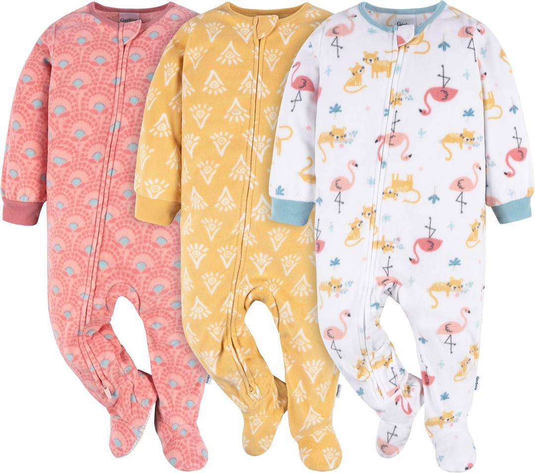Gerber Baby Girls' Toddler Fleece Footed Pajamas 3-pack, 12 Months